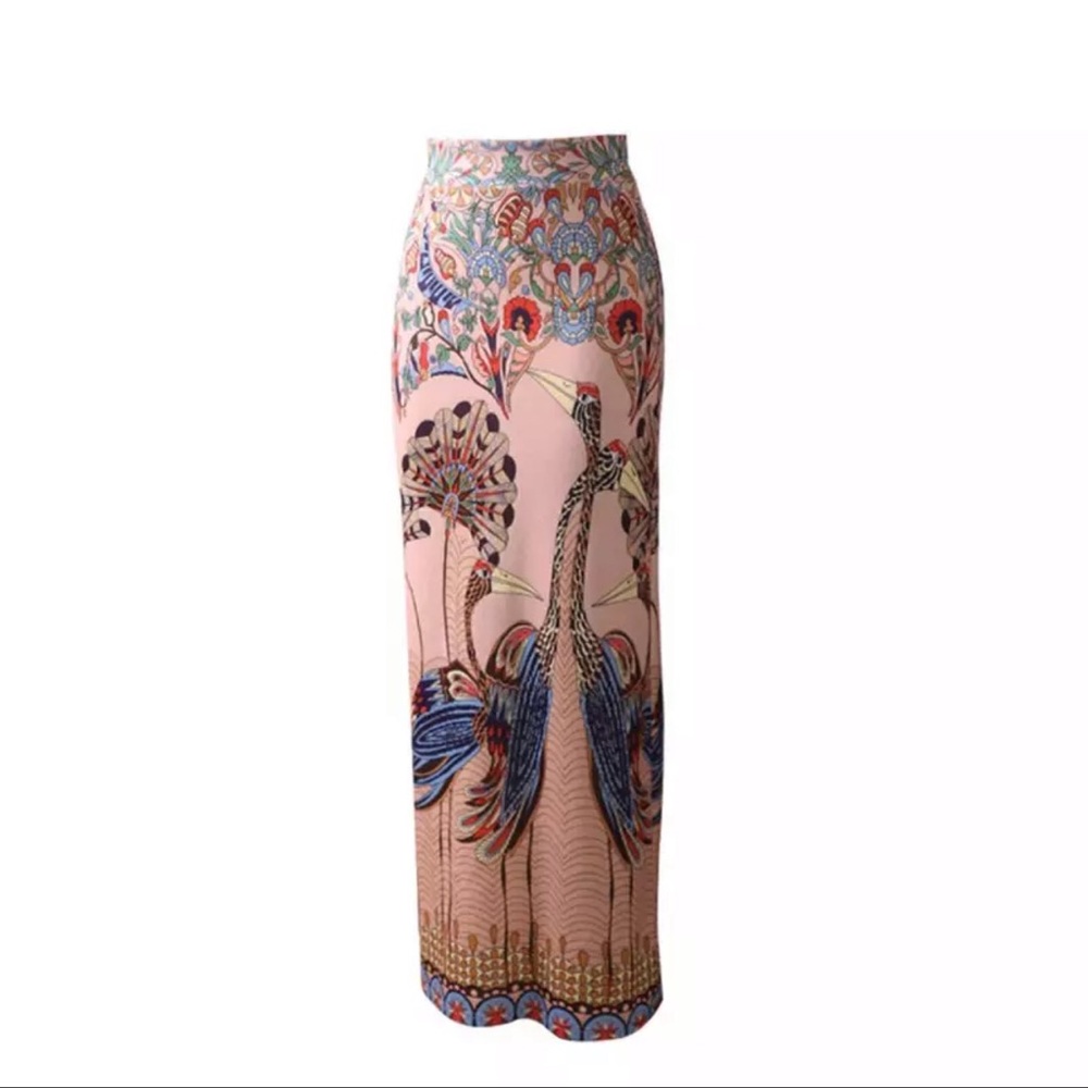 Peacock Feathers Boho Maxi Skirt In Nude - Picture 3 of 4